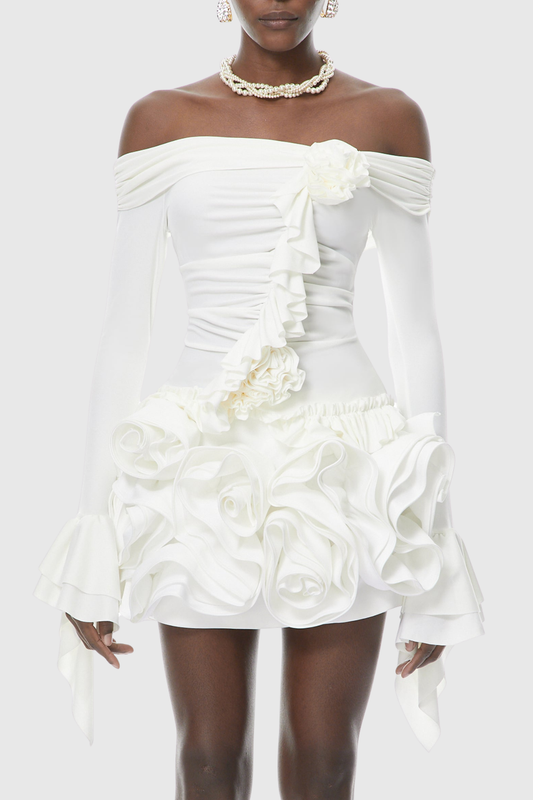 Rinra Off Shoulder Floral Ruched Mini Dress