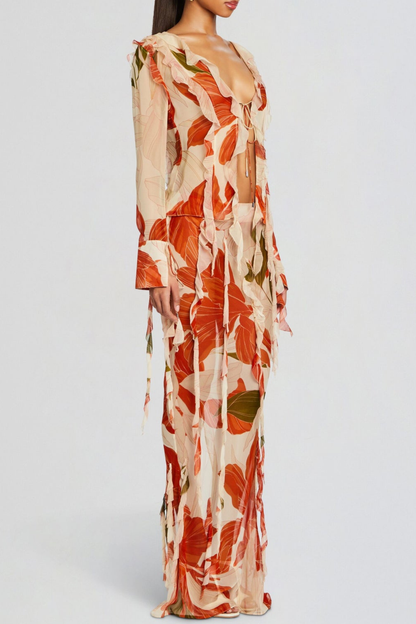 Rolana Floral Print Ruffle Blouse & Maxi Skirt Set