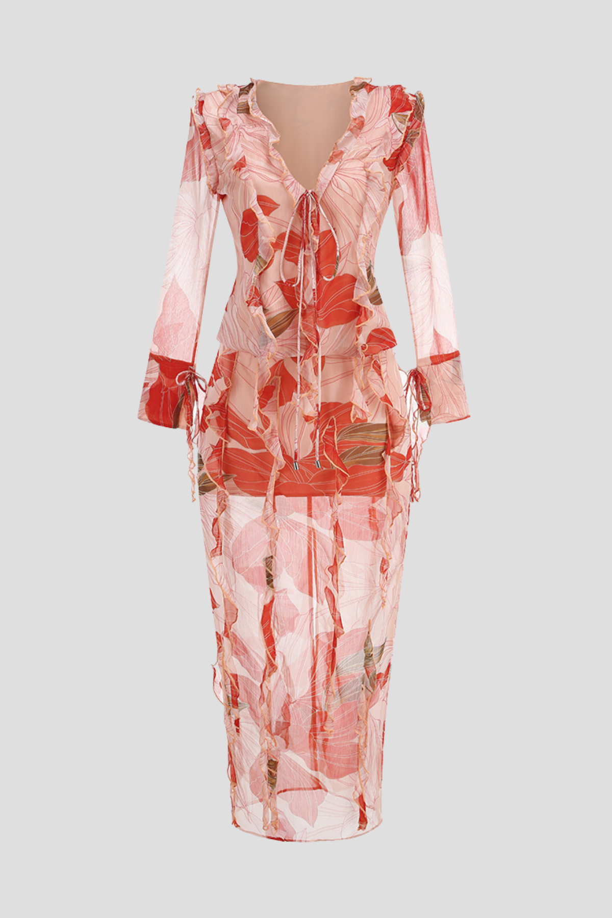 Rolana Floral Print Ruffle Blouse & Maxi Skirt Set