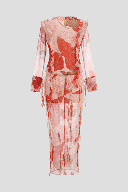 Rolana Floral Print Ruffle Blouse & Maxi Skirt Set