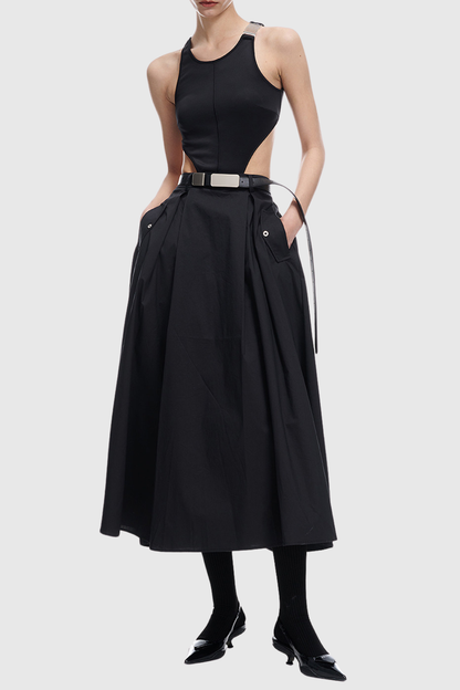 Romanio Cutout Belted Midi Dress - Black