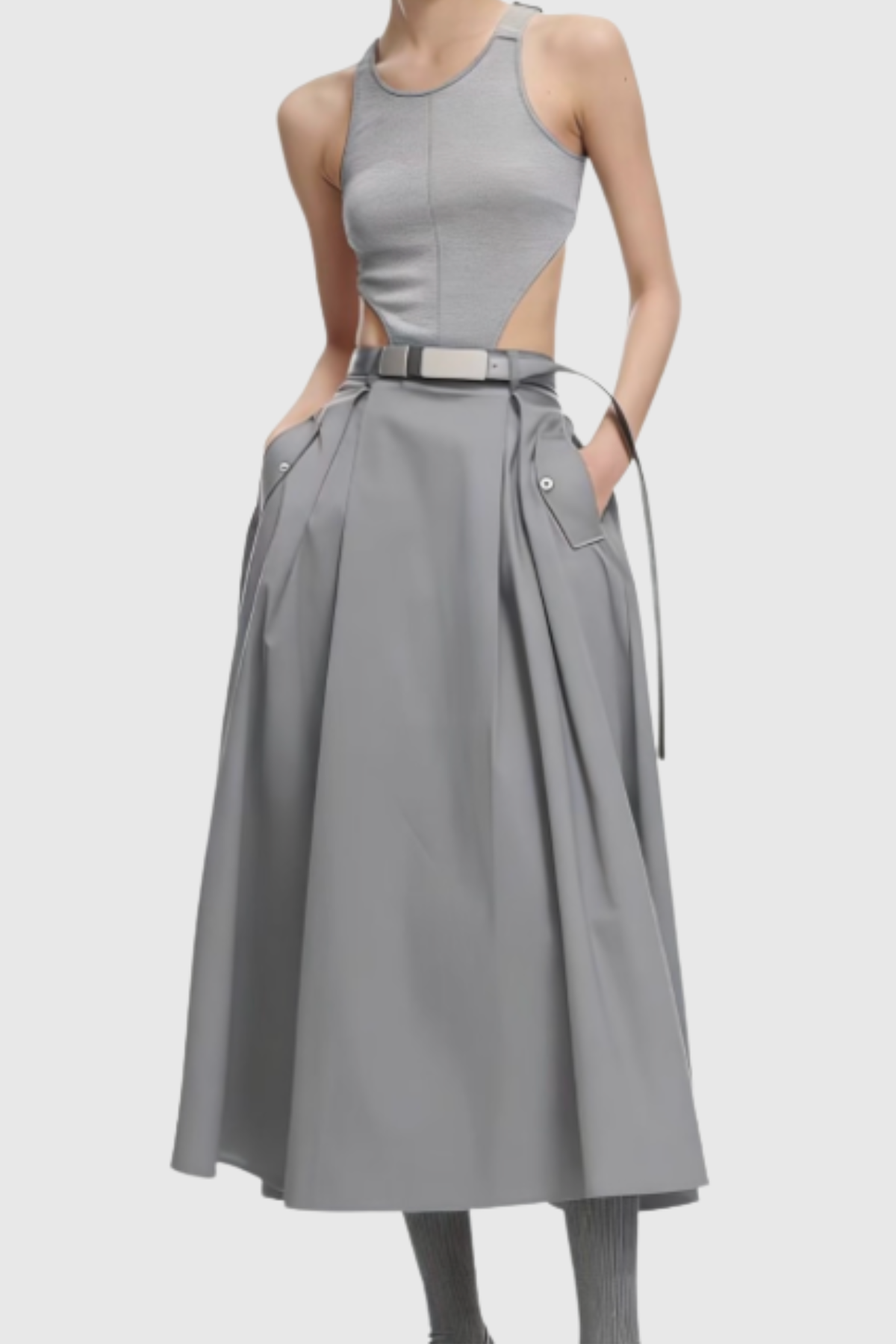 Romanio Cutout Belted Midi Dress - Grey