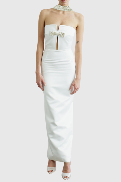 Ronay Bow Pearl Embellished Strapless Maxi Bandage Dress