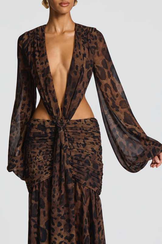 Roniny Cutout Chiffon Draped Maxi Dress - Leopard