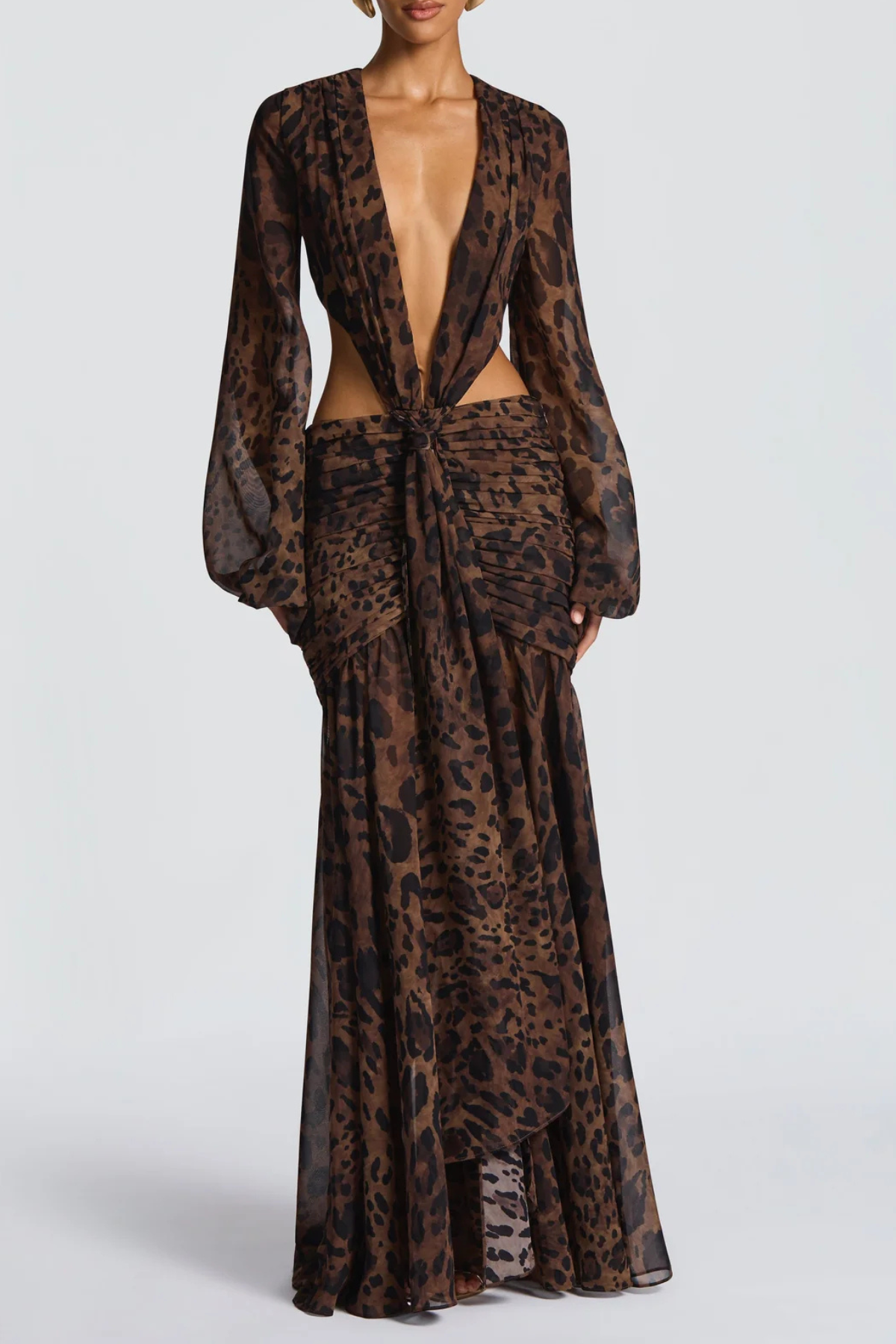 Roniny Cutout Chiffon Draped Maxi Dress - Leopard