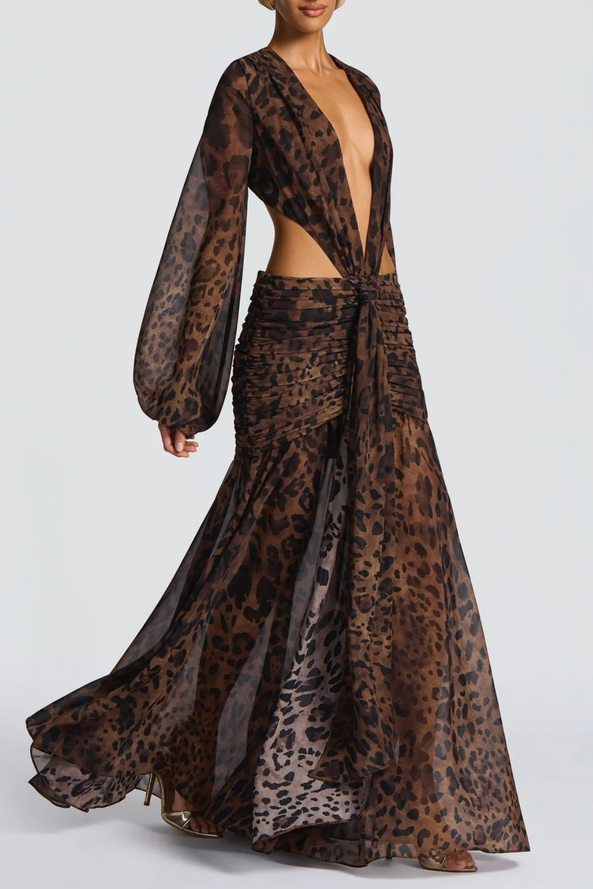 Roniny Cutout Chiffon Draped Maxi Dress - Leopard