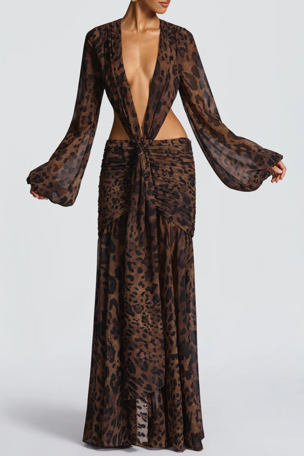 Roniny Cutout Chiffon Draped Maxi Dress - Leopard