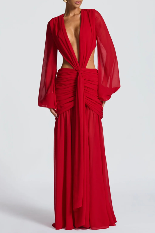 Roniny Cutout Chiffon Draped Maxi Dress - Red