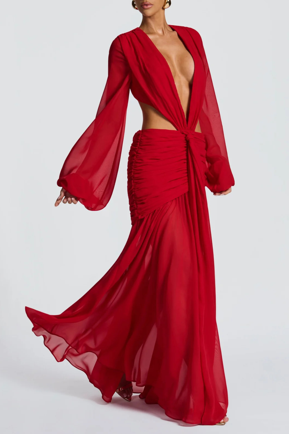 Roniny Cutout Chiffon Draped Maxi Dress - Red