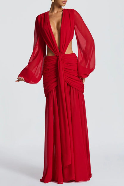 Roniny Cutout Chiffon Draped Maxi Dress - Red