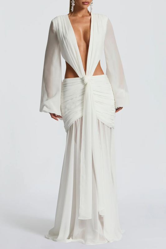Roniny Cutout Chiffon Draped Maxi Dress - White