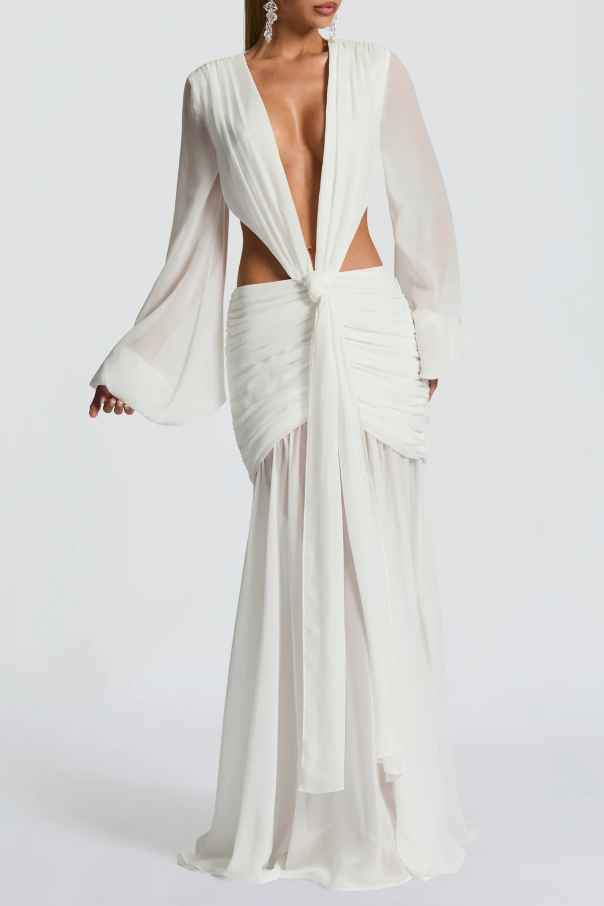 Roniny Cutout Chiffon Draped Maxi Dress - White