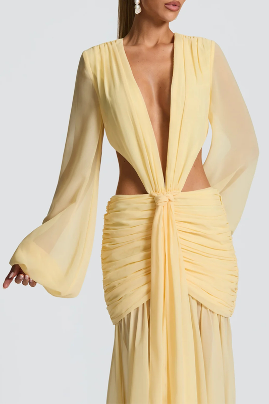 Roniny Cutout Chiffon Draped Maxi Dress - Yellow