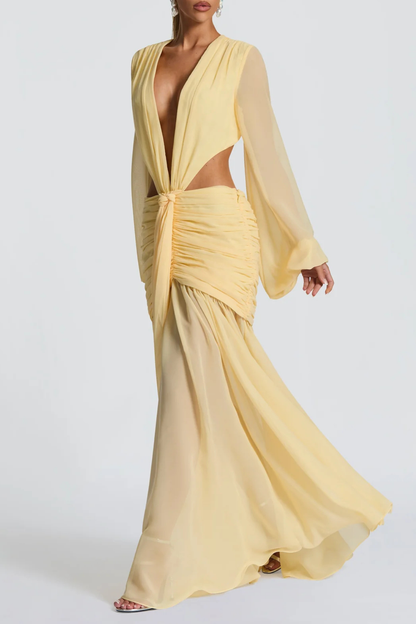 Roniny Cutout Chiffon Draped Maxi Dress - Yellow