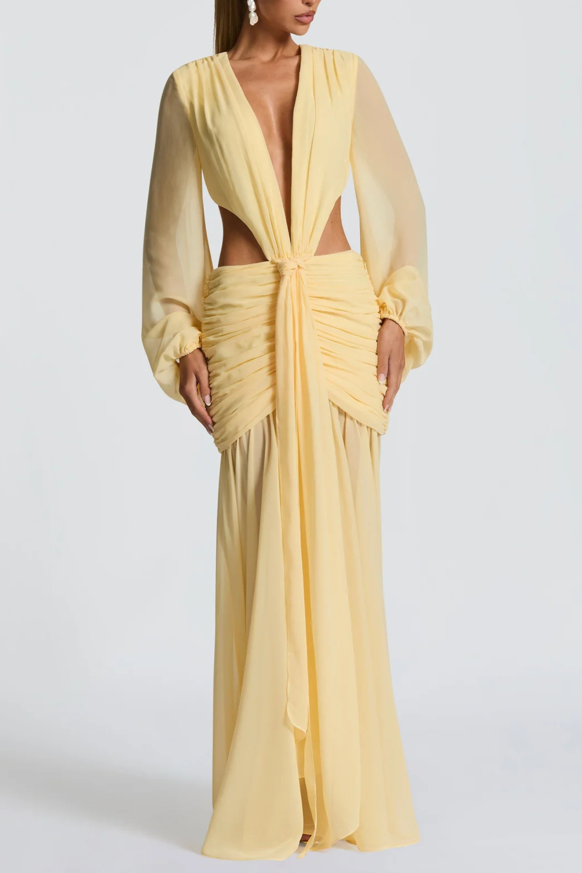 Roniny Cutout Chiffon Draped Maxi Dress - Yellow