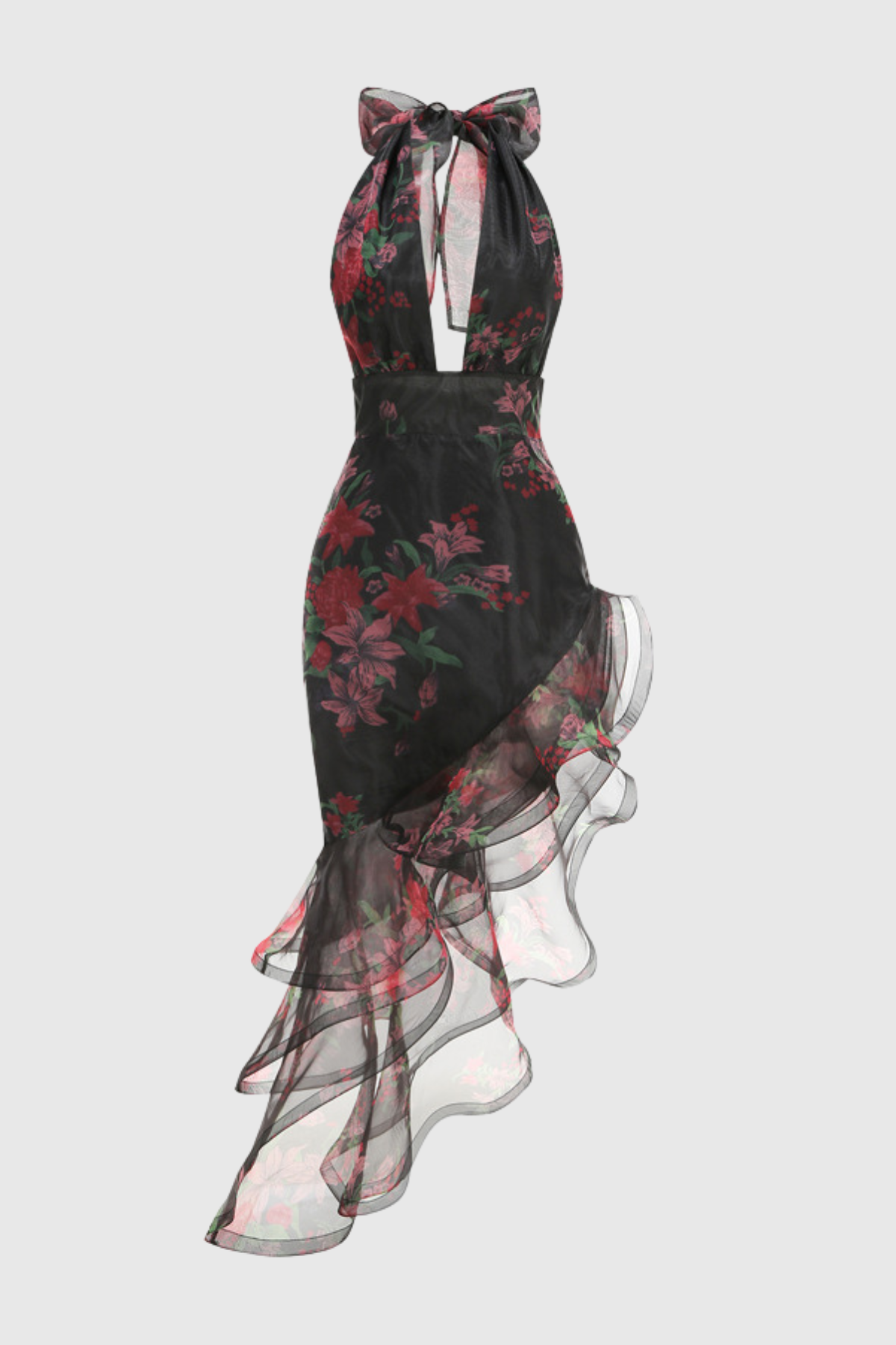 Rosetta Asymmetric Floral Ruffle Maxi Dress