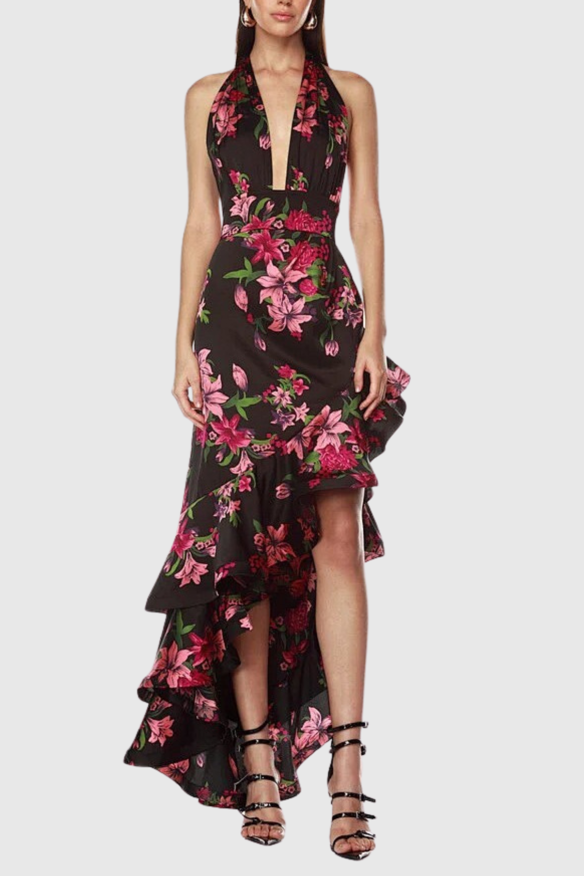 Rosetta Asymmetric Floral Ruffle Maxi Dress