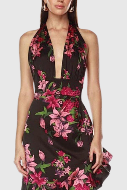 Rosetta Asymmetric Floral Ruffle Maxi Dress