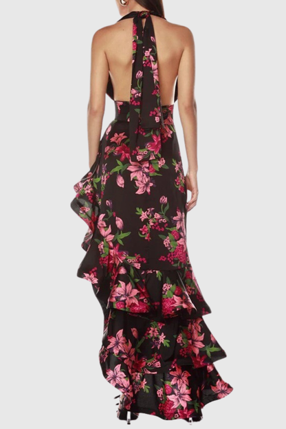 Rosetta Asymmetric Floral Ruffle Maxi Dress