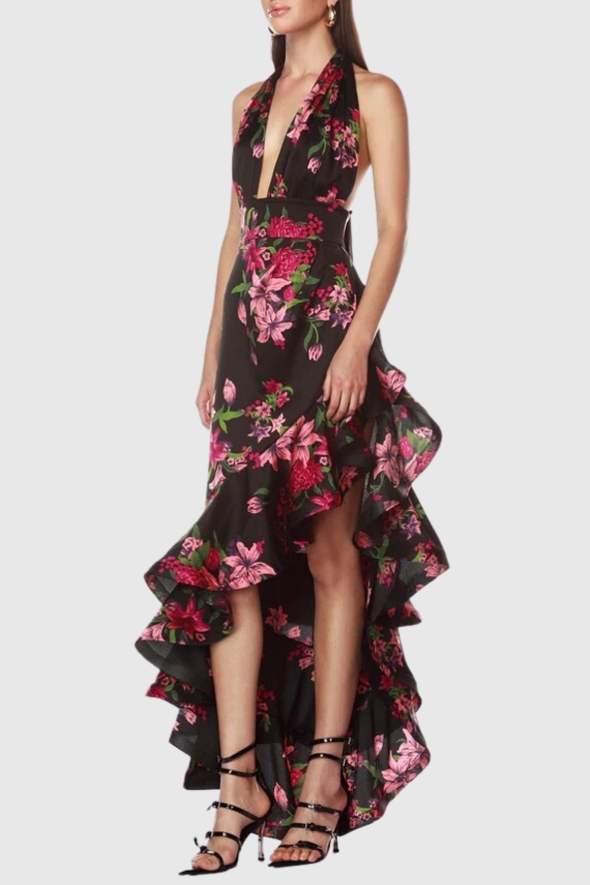 Rosetta Asymmetric Floral Ruffle Maxi Dress