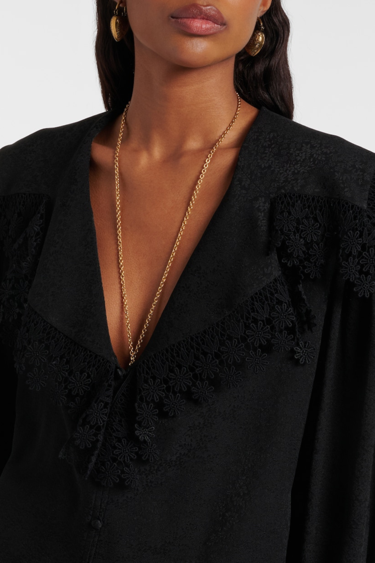 Rote Floral Lace Trim Blouse - Black