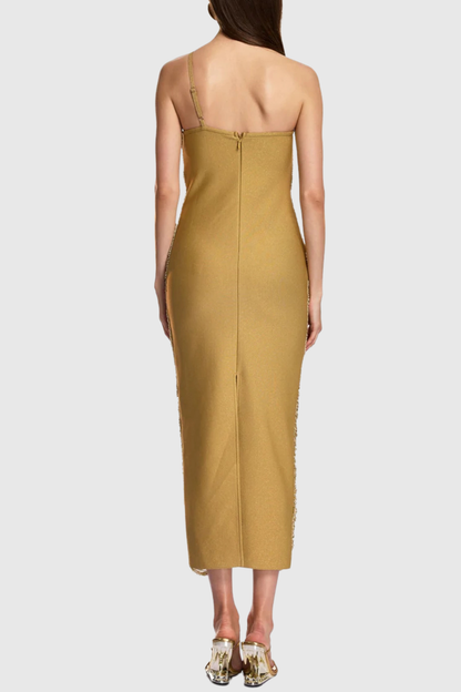Roweia One Shoulder Fringe Midi Bandage Dress