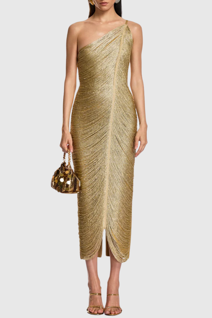 Roweia One Shoulder Fringe Midi Bandage Dress