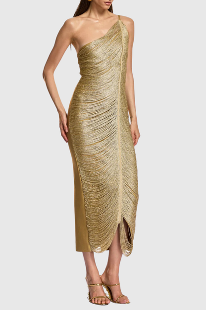 Roweia One Shoulder Fringe Midi Bandage Dress