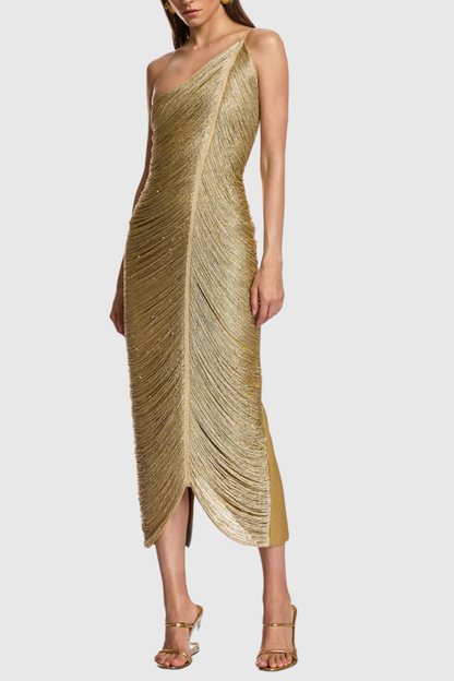 Roweia One Shoulder Fringe Midi Bandage Dress