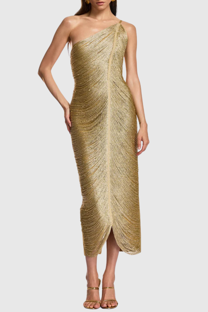 Roweia One Shoulder Fringe Midi Bandage Dress