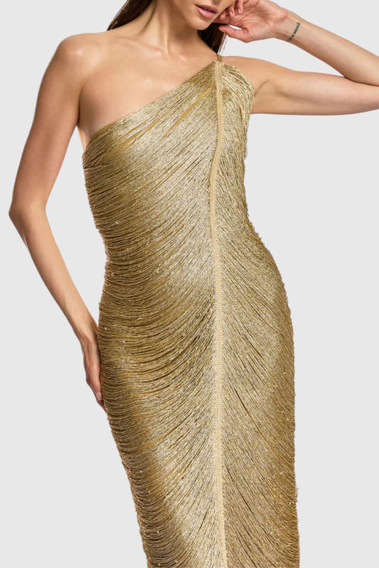 Roweia One Shoulder Fringe Midi Bandage Dress