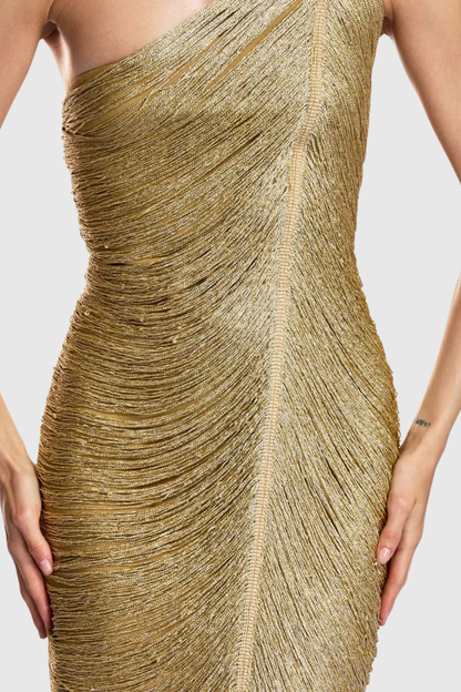 Roweia One Shoulder Fringe Midi Bandage Dress