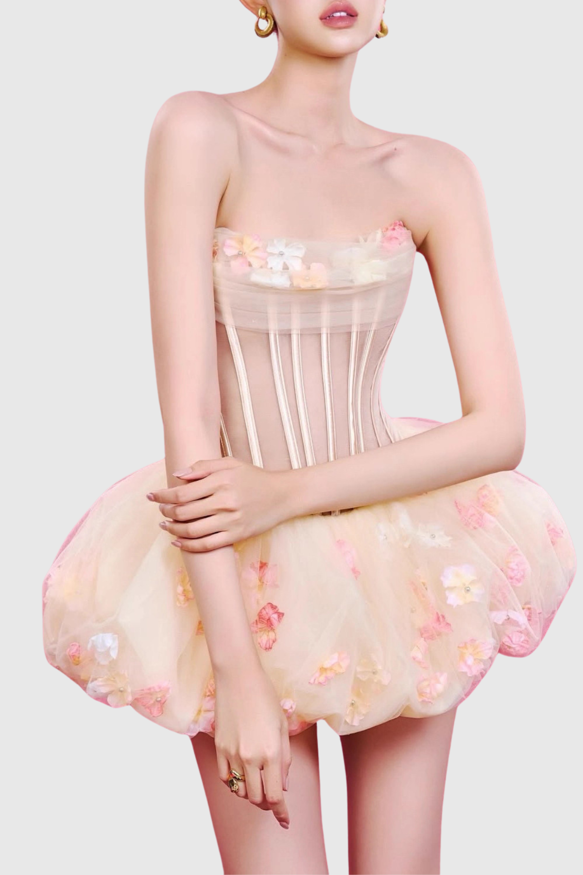 Roxya Floral Strapless Corset Mini Dress - Beige