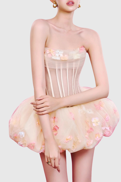 Roxya Floral Strapless Corset Mini Dress - Beige