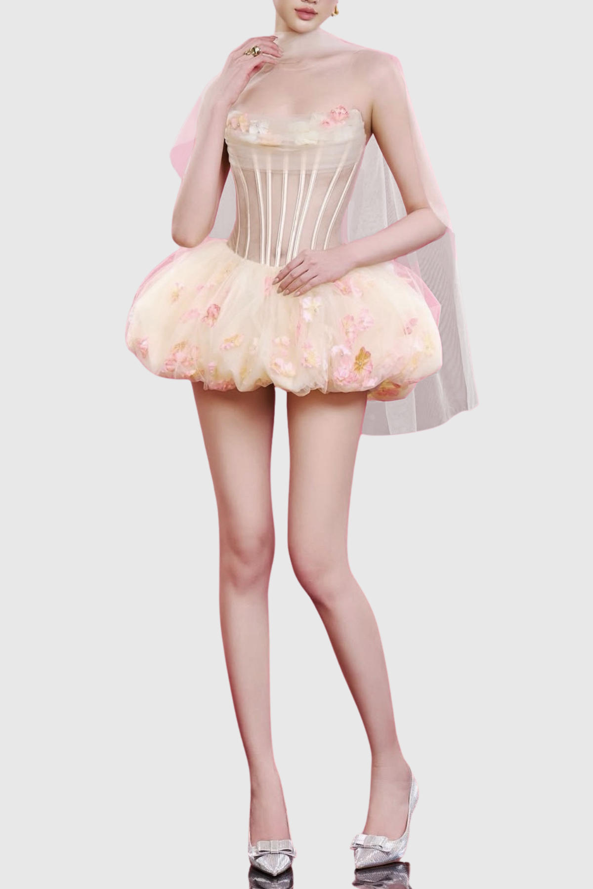 Roxya Floral Strapless Corset Mini Dress - Beige
