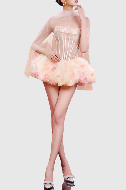 Roxya Floral Strapless Corset Mini Dress - Beige