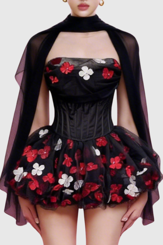 Roxya Floral Strapless Corset Mini Dress - Black