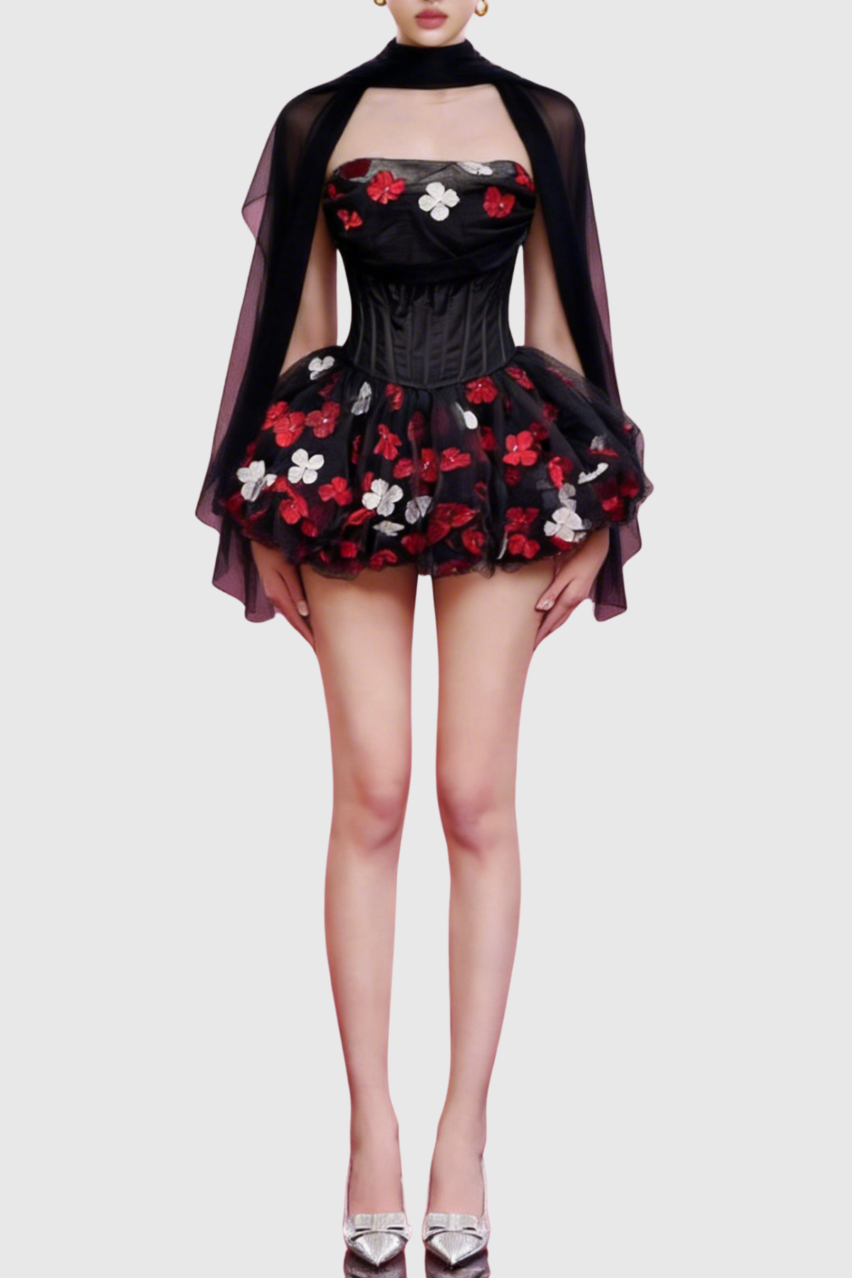 Roxya Floral Strapless Corset Mini Dress - Black