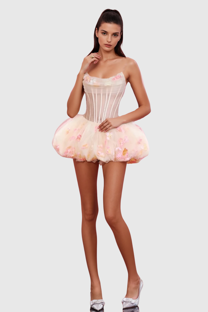 Roxya Floral Strapless Corset Mini Dress - Beige