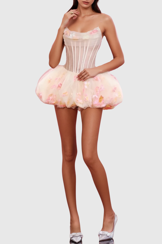 Roxya Floral Strapless Corset Mini Dress - Beige