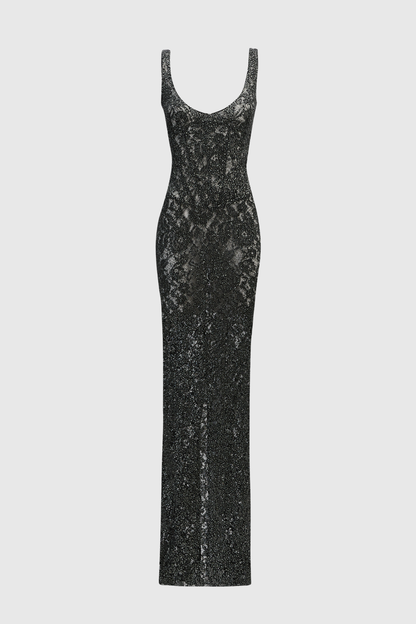 Rozao Crystal Embellished Lace Corset Maxi Dress - Black
