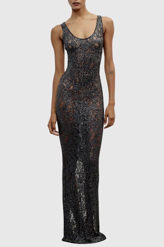 Rozao Crystal Embellished Lace Corset Maxi Dress - Black