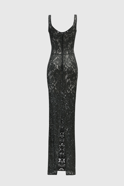 Rozao Crystal Embellished Lace Corset Maxi Dress - Black