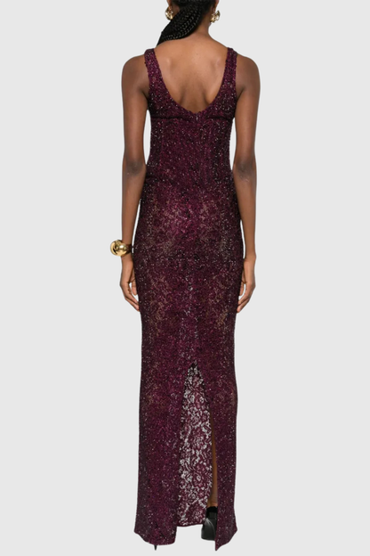 Rozao Crystal Embellished Lace Corset Maxi Dress - Purple