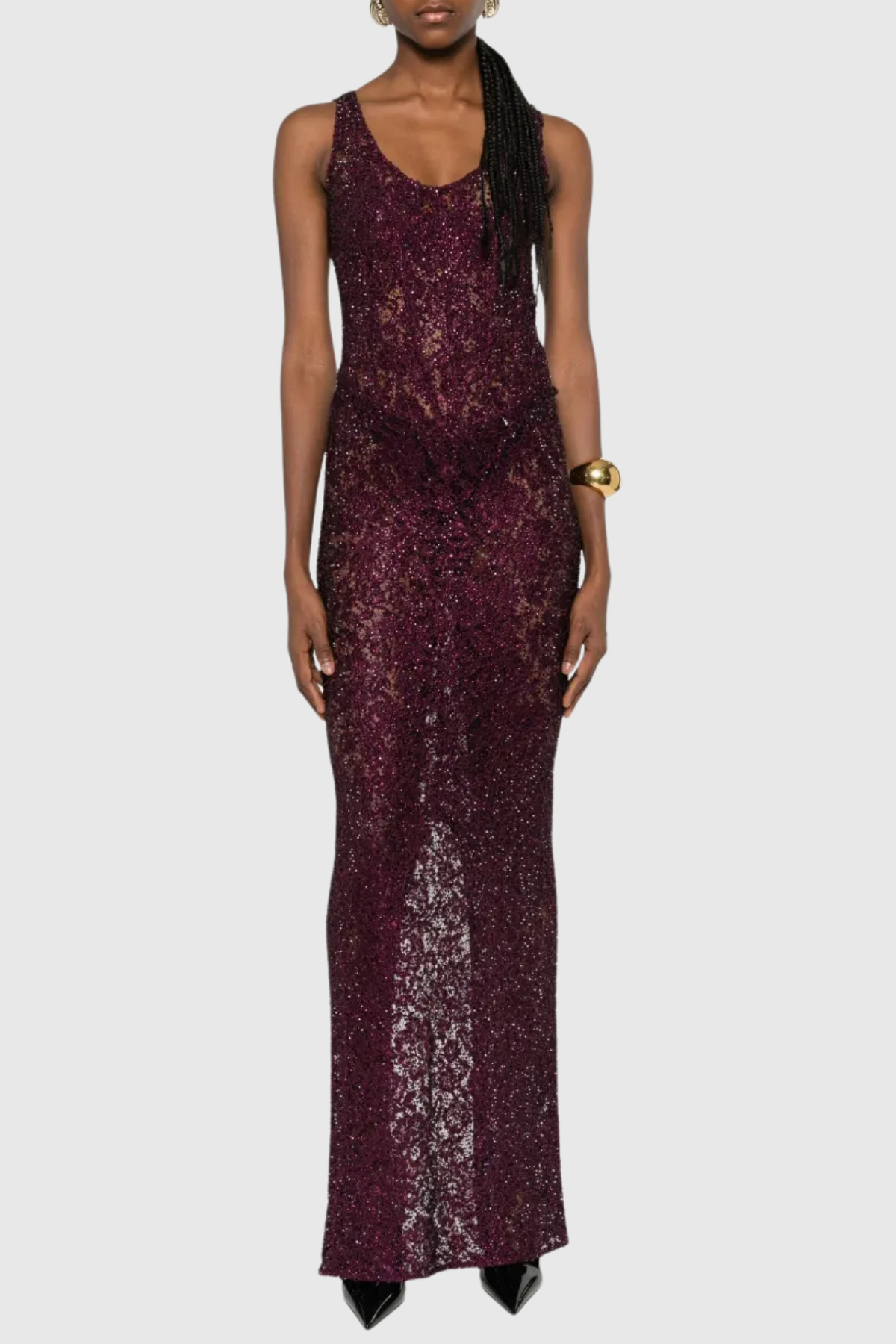 Rozao Crystal Embellished Lace Corset Maxi Dress - Purple