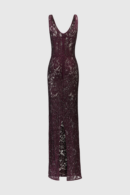 Rozao Crystal Embellished Lace Corset Maxi Dress - Purple