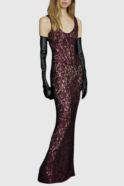 Rozao Crystal Embellished Lace Corset Maxi Dress - Purple