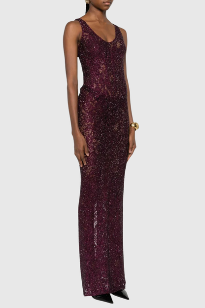 Rozao Crystal Embellished Lace Corset Maxi Dress - Purple