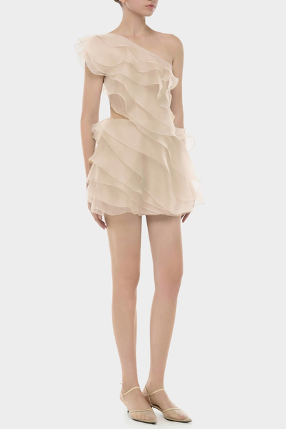 Rueia One Shoulder Ruffle Mini Dress - Beige