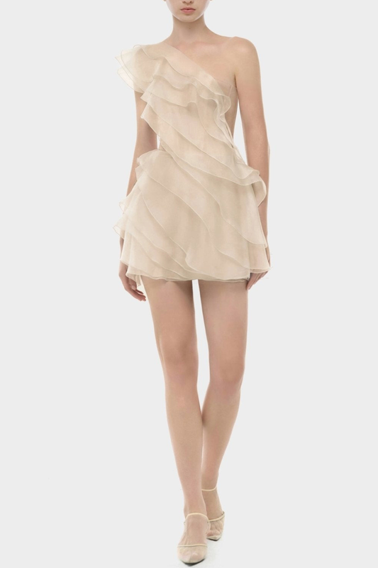 Rueia One Shoulder Ruffle Mini Dress - Beige